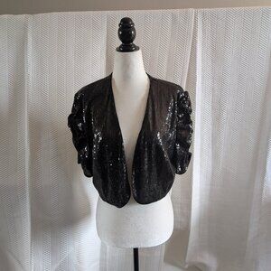 Vintage Jessica Black Sequin Bolero Shrug Ruched Sleeve XL